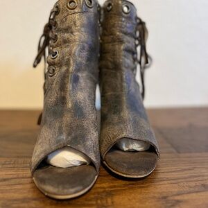 Gray Lace Up Booties with Distressed Leather Finish